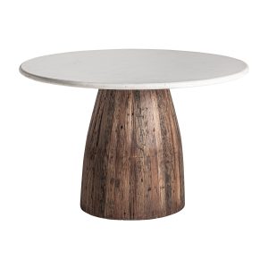 Mesa comedor skorup de estilo rústico fabricado en madera recuperada en color marrón con acabado envejecido combinado con mármol en color blanco.