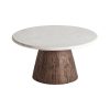Mesa de centro skorup de estilo rústico fabricado en madera recuperada en color marrón con acabado envejecido combinado con mármol en color blanco.