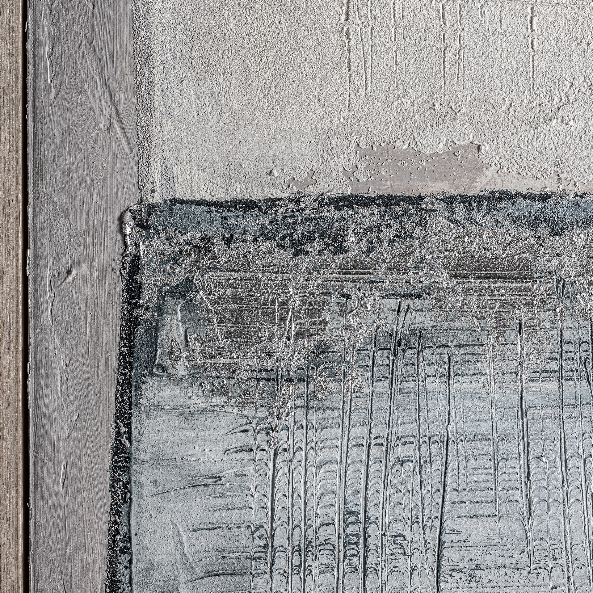 Cuadro Bercher de estilo contemporáneo fabricado en lienzo en color gris combinado con madera de pino en color marrón claro en color tonos de azul.