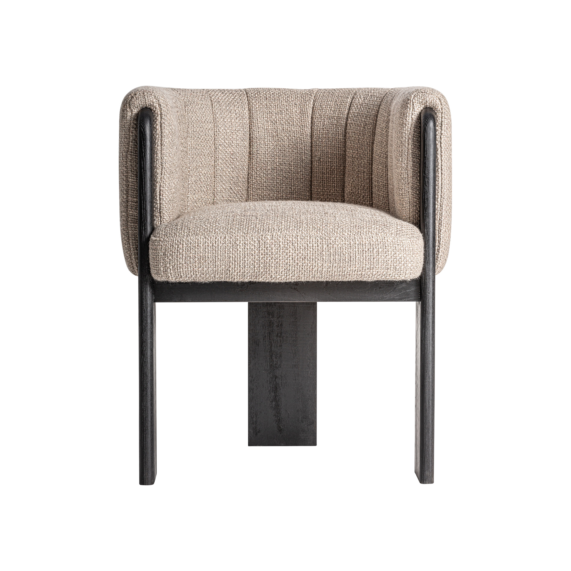 Silla Cluny de estilo contemporáneo fabricado en poliéster en color gris con acabado jaspeado combinado con madera roble en color negro y espuma.