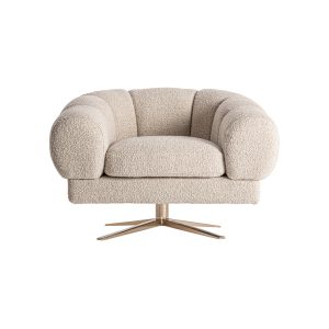 Sillón Elise de estilo art deco fabricado en poliéster en color blanco roto con acabado jaspeado combinado con acero en color cobre y espuma.