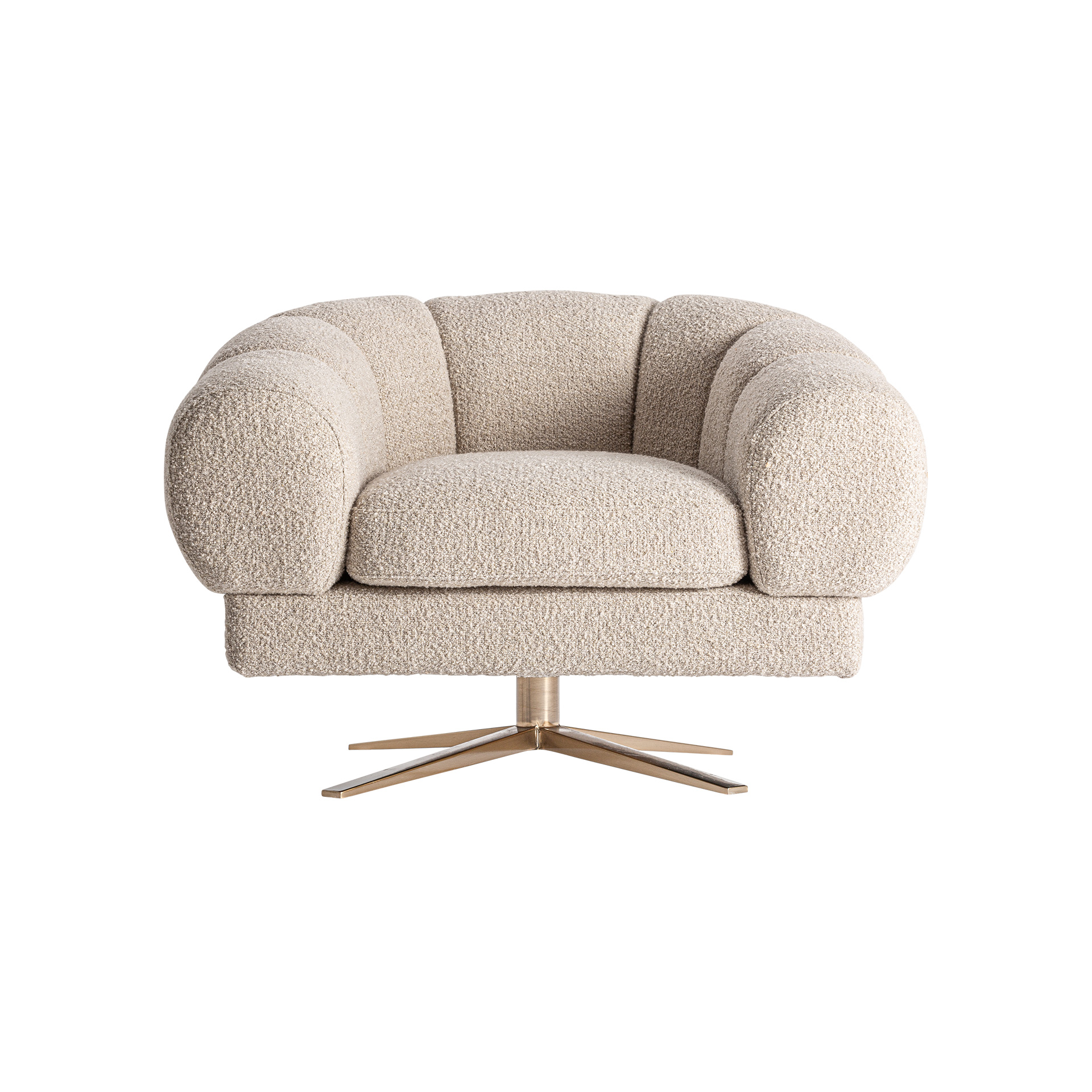 Sillón Elise de estilo art deco fabricado en poliéster en color blanco roto con acabado jaspeado combinado con acero en color cobre y espuma.