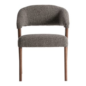Silla Veney de estilo contemporáneo fabricado en poliéster en color gris con acabado jaspeado combinado con madera roble en color marrón y madera de caucho.