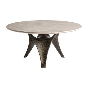 Mesa comedor Laize de estilo art deco fabricado en travertino en color beige combinado con acero inoxidable en color oro con acabado viejo. Producto desmontable.