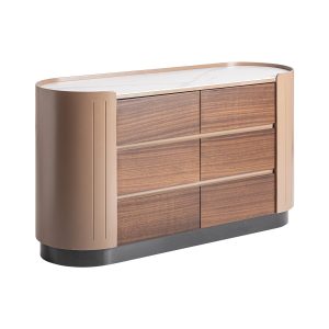 Cómoda Soaza de estilo contemporáneo fabricado en madera contrachapada en color marrón combinado con chapa de eucalipto en color marrón claro y piedra sinterizada en color blanco.