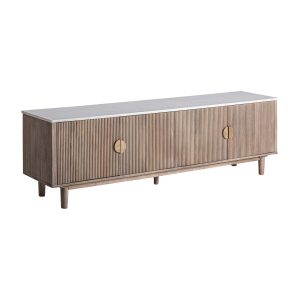 Mueble tv Zerf de estilo contemporáneo fabricado en madera de mango en color marrón combinado con mármol en color blanco y madera dm en color marrón.