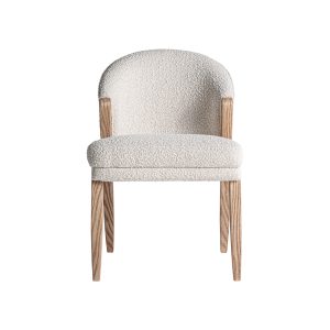 Silla Prati bouclé de estilo contemporáneo fabricado en madera de pino en color marrón combinado con algodón bouclé en color blanco.