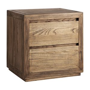 Mesita de noche Norvik de estilo contemporáneo fabricado en madera de olmo en color marrón.