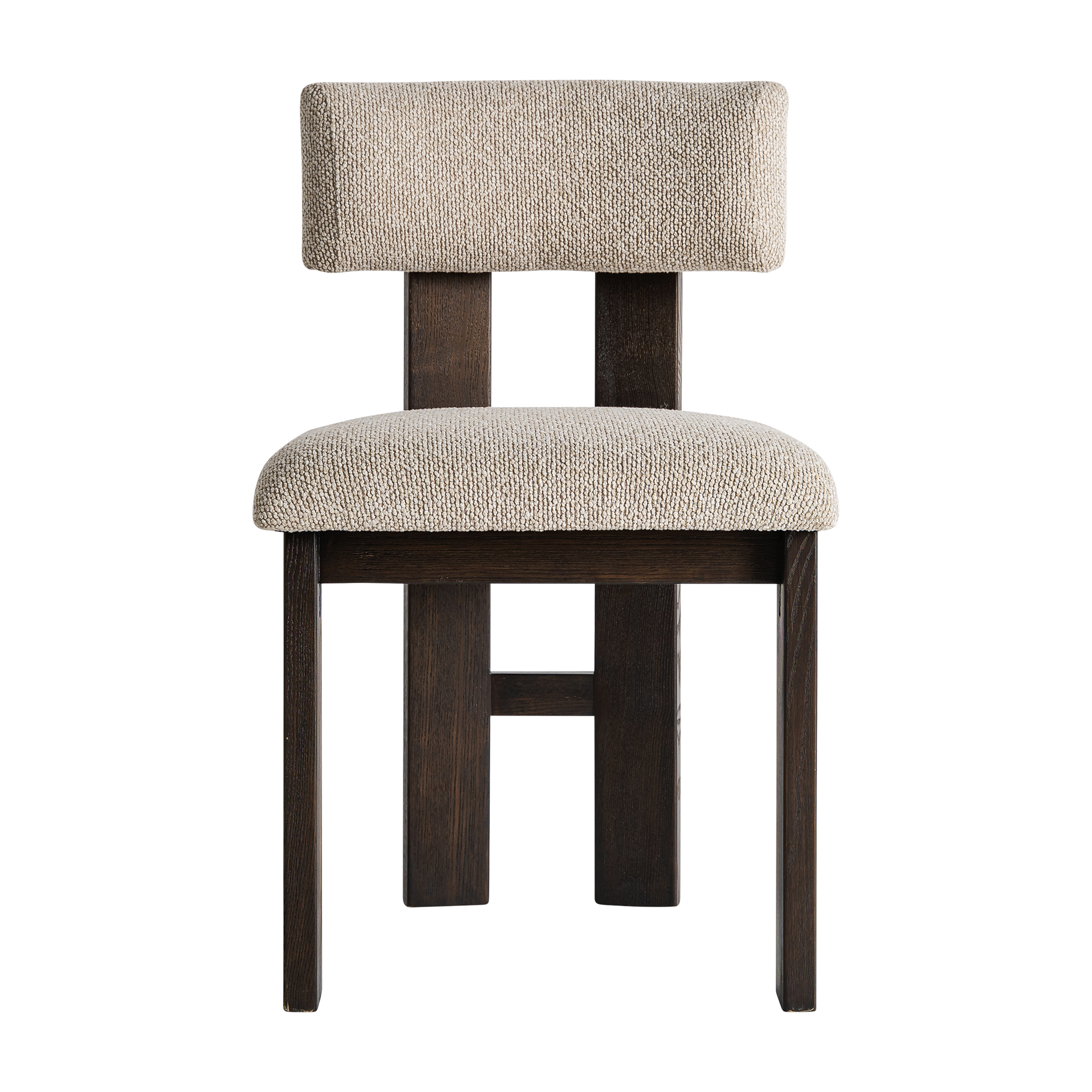 Silla Evje de estilo contemporáneo fabricado en poliéster en color beige combinado con madera de fresno en color negro y espuma.