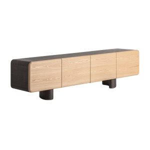 Mueble tv Laneo de estilo contemporáneo fabricado en madera dm en color marrón claro combinado con madera contrachapada en color marrón. Producto desmontable.