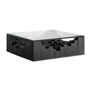 Mesa de centro Pètria de estilo contemporáneo fabricado en madera de mango en color negro con acabado arenado combinado con cristal en color tonos oscuros con acabado templado. Producto desmontable.