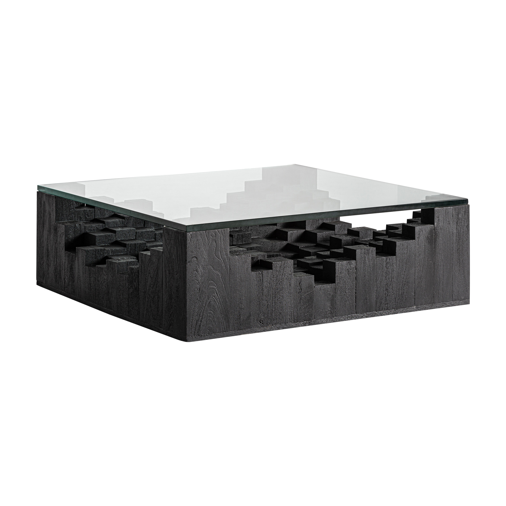 Mesa de centro Pètria de estilo contemporáneo fabricado en madera de mango en color negro con acabado arenado combinado con cristal en color tonos oscuros con acabado templado. Producto desmontable.