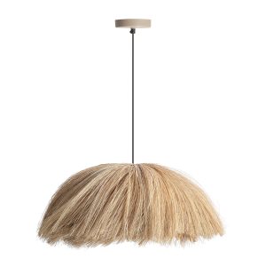 Lámpara de colgar Shima de estilo boho fabricado en hierba marina en color marrón claro combinado con hierro en color negro.