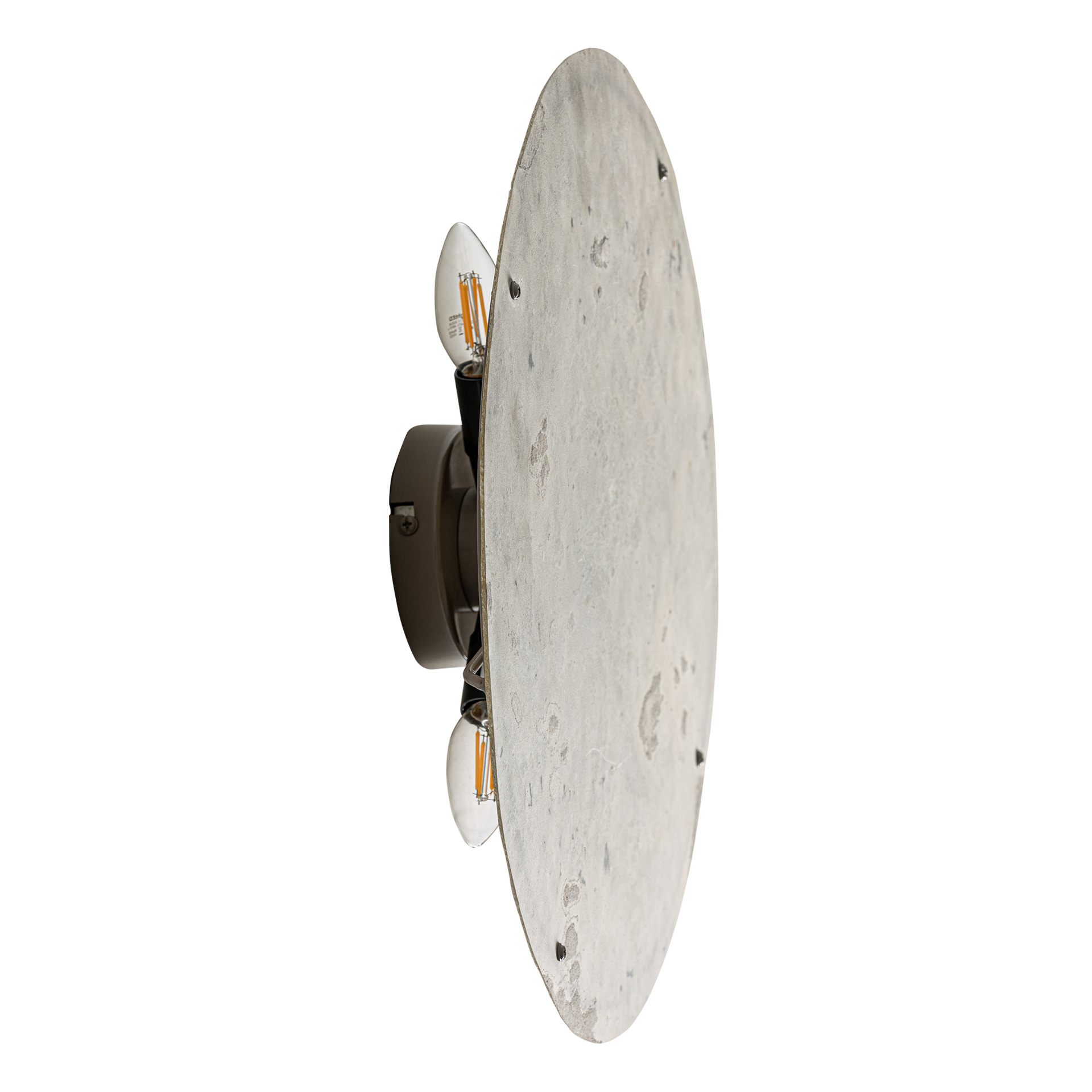 Aplique Moon de estilo contemporáneo fabricado en piedra en color tonos neutros combinado con hierro en color negro.