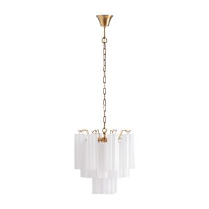 Lámpara de colgar fabricado en cristal en color blanco combinado con acero en color dorado.