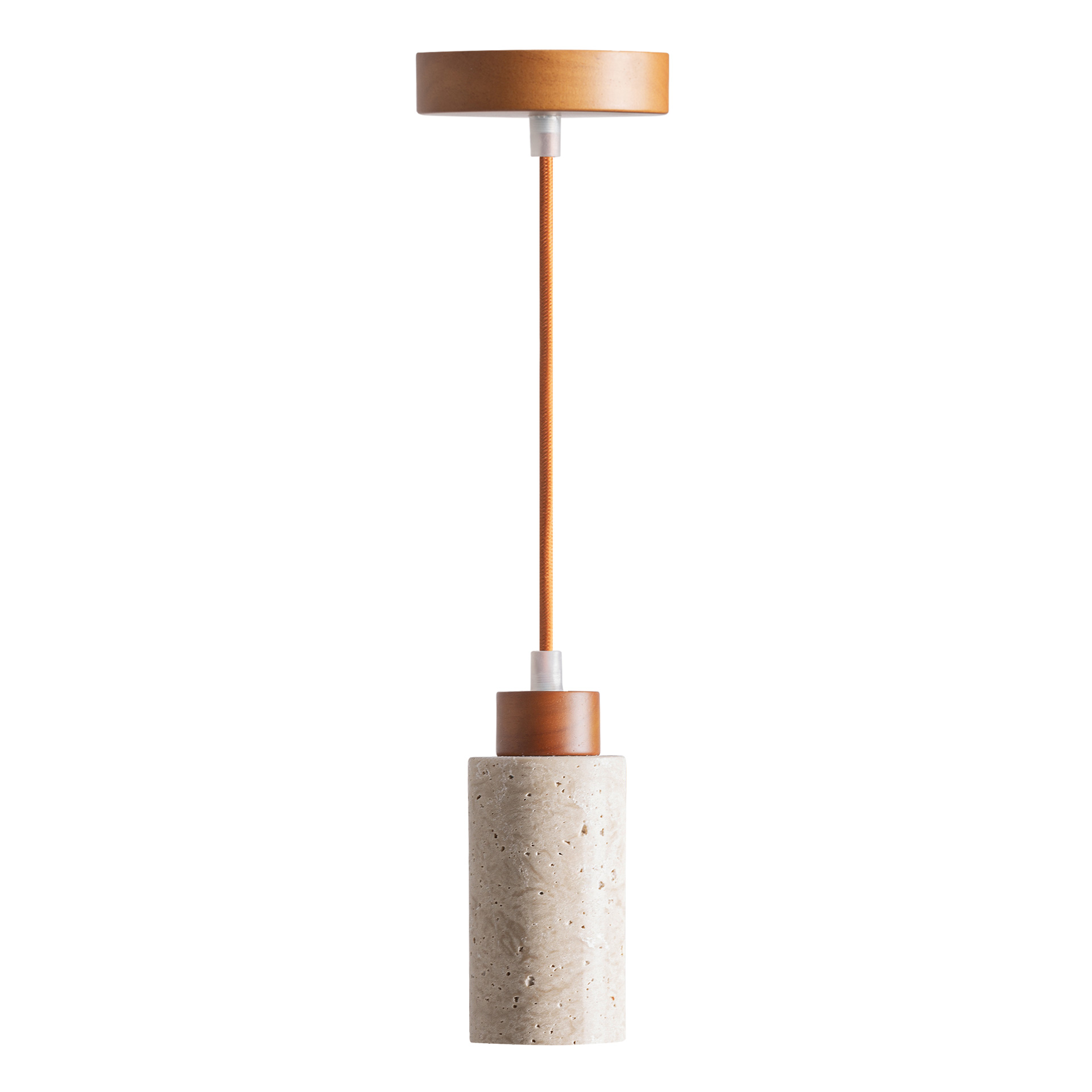 Lámpara de colgar Kaple de estilo contemporáneo fabricado en travertino en color beige combinado con madera en color marrón.