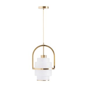 Lámpara de colgar Laule de estilo art deco fabricado en cristal en color blanco con acabado texturizado combinado con acero en color oro. Producto desmontable.