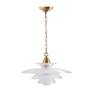 Lámpara de colgar Leshenia de estilo art deco fabricado en cristal en color transparente con acabado texturizado combinado con acero en color cobre. Producto desmontable.