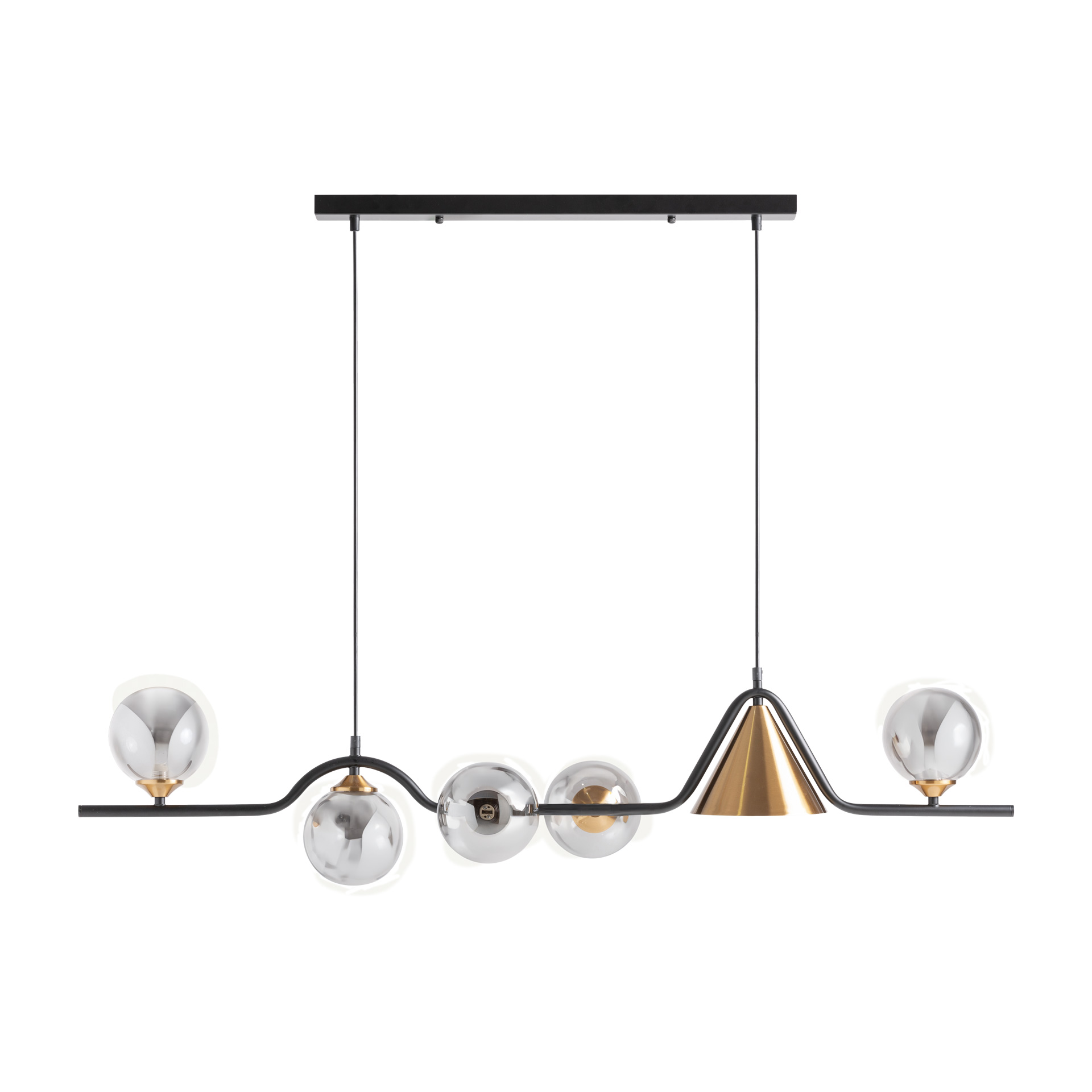 Lámpara de colgar Fasha de estilo art deco fabricado en cristal en color gris con acabado ahumado combinado con acero en color cobre y hierro en color negro. Producto desmontable.