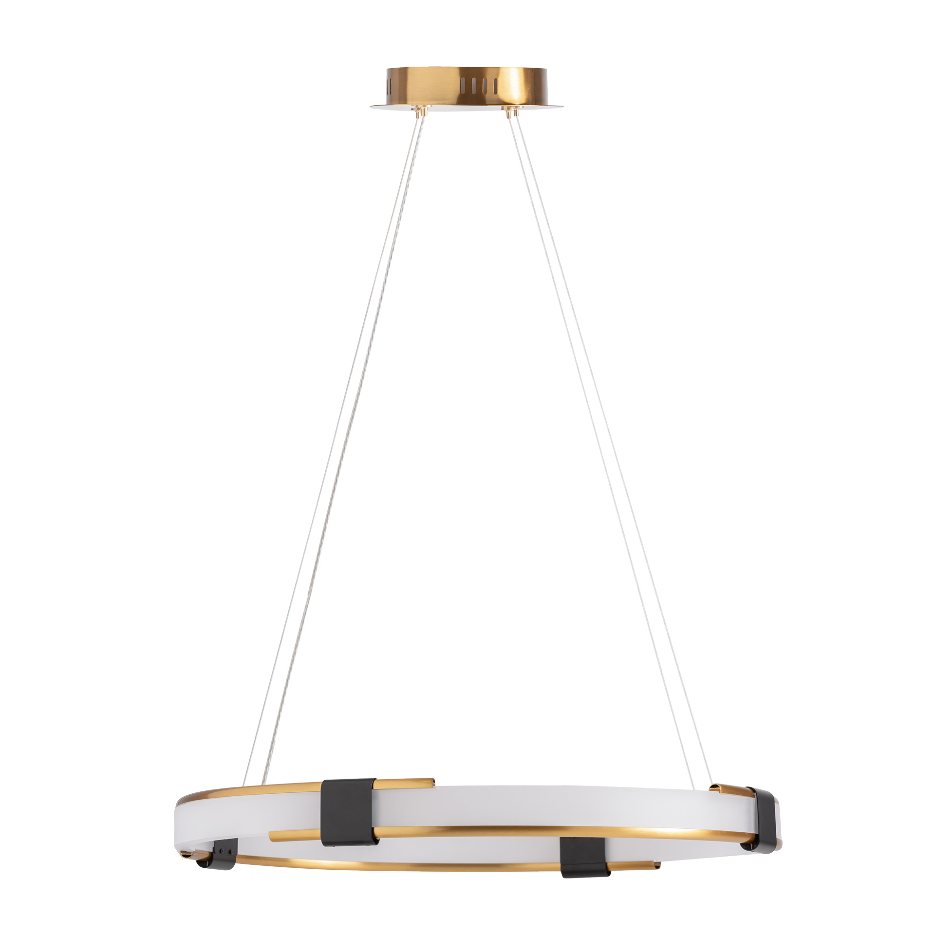 Lámpara de colgar Lia de estilo art deco fabricado en cristal en color blanco combinado con acero en color cobre en color negro. Producto desmontable elevable.