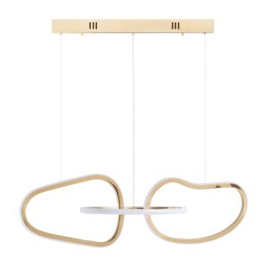 Lámpara de colgar Kaleshe de estilo art deco fabricado en acero inoxidable en color dorado combinado con cristal en color blanco.