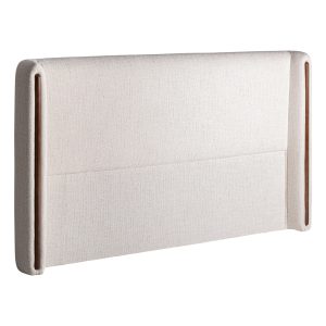 Cabezal Vilde de estilo contemporáneo fabricado en poliéster en color blanco roto combinado con madera de fresno en color marrón.