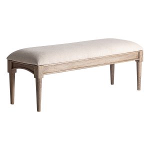 Banco Verac de estilo clásico fabricado en madera de mango en color marrón claro combinado con yute en color beige y espuma.