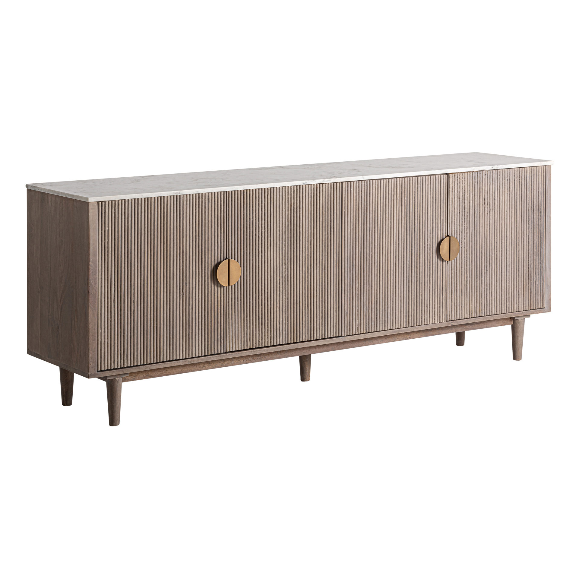 Aparador Zerf de estilo contemporáneo fabricado en madera de mango en color marrón combinado con mármol en color blanco y madera dm en color marrón.