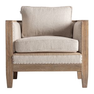 Sillón Grube de estilo clásico fabricado en madera abedul en color marrón combinado con lino en color beige y yute. Producto desenfundable.