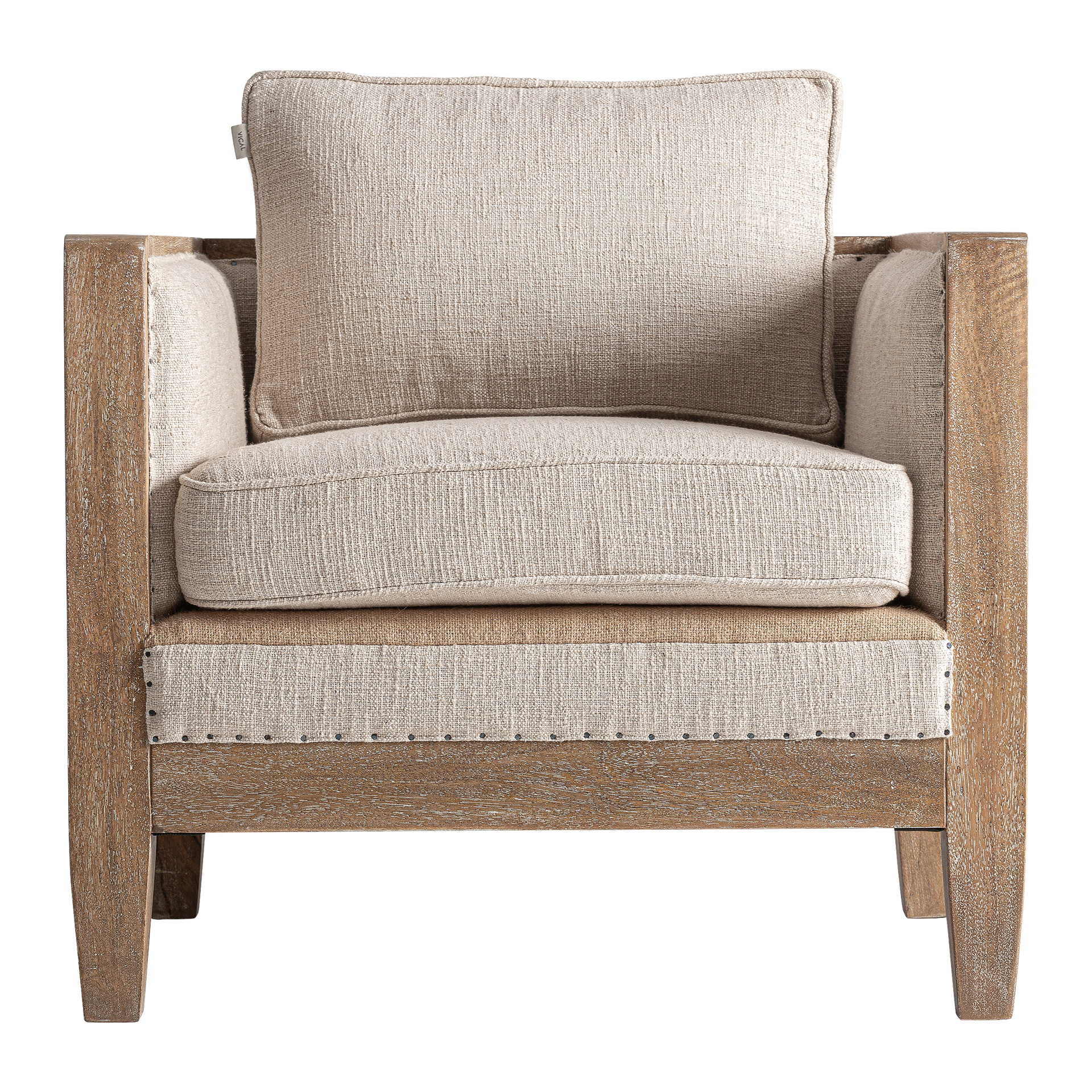 Sillón Grube de estilo clásico fabricado en madera abedul en color marrón combinado con lino en color beige y yute. Producto desenfundable.