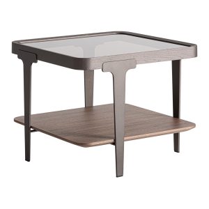Mesa auxiliar Gehofen de estilo contemporáneo fabricado en madera de fresno en color marrón combinado con cristal en color gris con acabado ahumado y hierro en color negro. Producto desmontable.