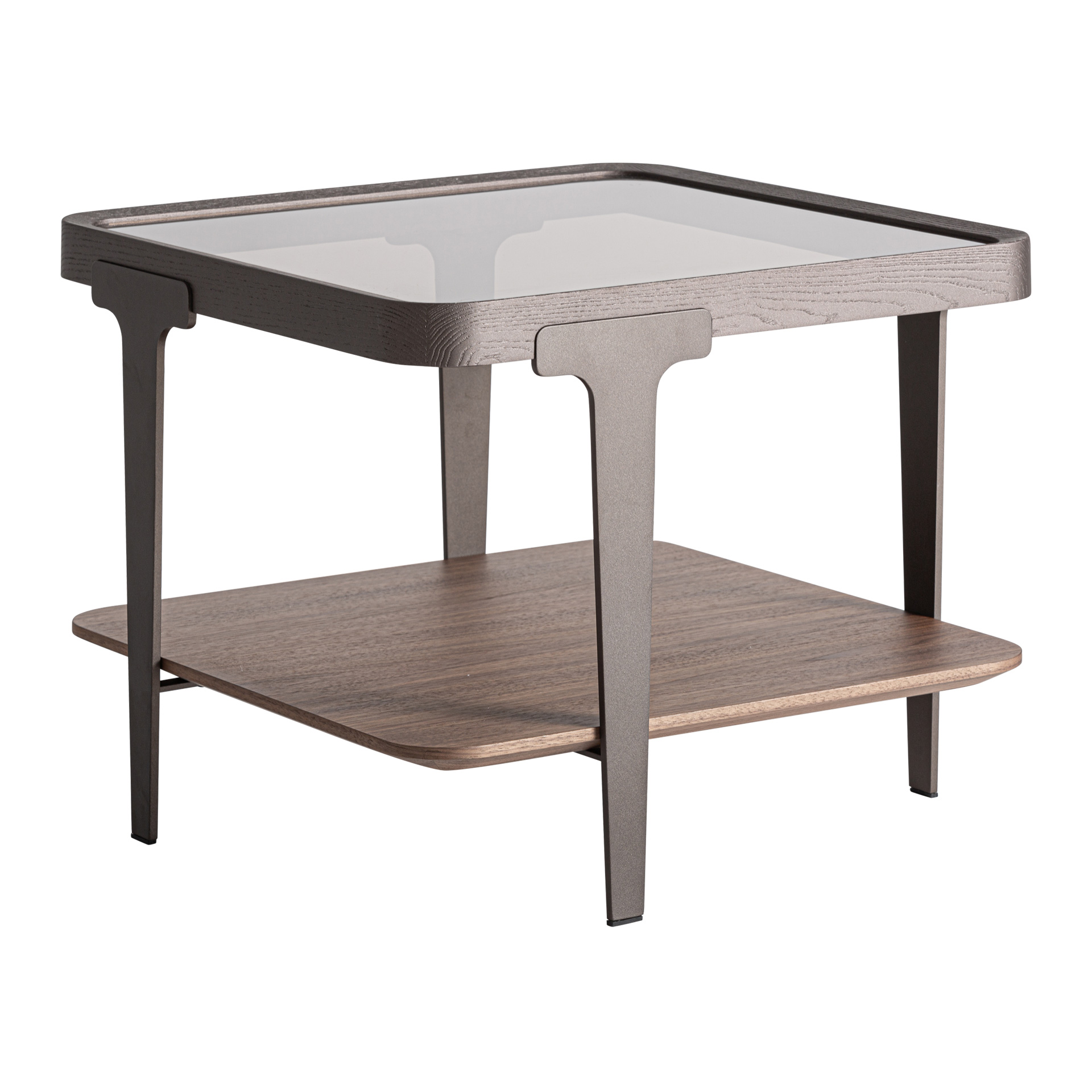 Mesa auxiliar Gehofen de estilo contemporáneo fabricado en madera de fresno en color marrón combinado con cristal en color gris con acabado ahumado y hierro en color negro. Producto desmontable.
