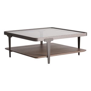 Mesa de centro Gehofen de estilo contemporáneo fabricado en madera de fresno en color marrón combinado con cristal en color gris con acabado ahumado y hierro en color negro. Producto desmontable.