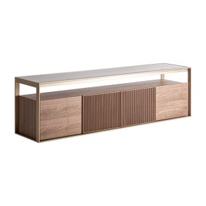 Mueble tv Aisby de estilo contemporáneo fabricado en madera de fresno en color marrón claro combinado con cristal en color marrón con acabado templado y acero inoxidable en color champagne. Producto desmontable.