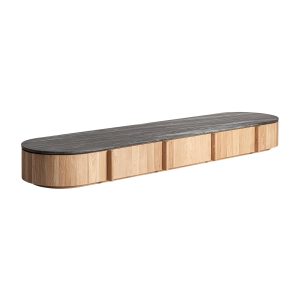 Mueble tv Nara de estilo contemporáneo fabricado en madera roble en color marrón claro combinado con mármol en color negro.