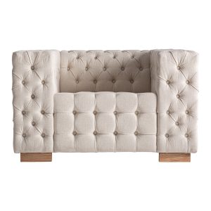 Sillón Genhof de estilo clásico fabricado en madera de fresno en color marrón claro combinado con poliéster en color beige. Producto desmontable.