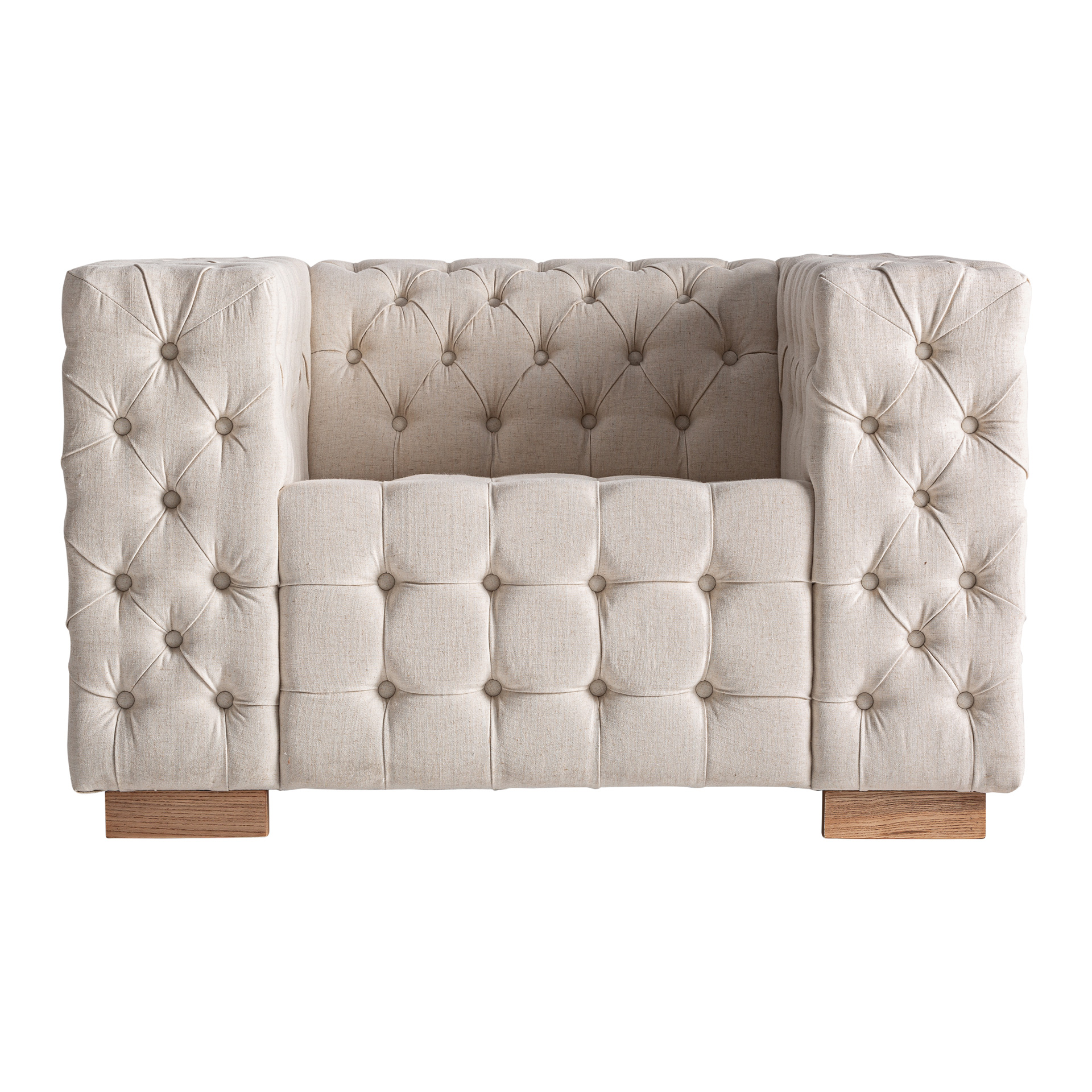 Sillón Genhof de estilo clásico fabricado en madera de fresno en color marrón claro combinado con poliéster en color beige. Producto desmontable.