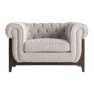 Sillón Ipswich de estilo clásico fabricado en madera de fresno en color marrón combinado con poliéster en color gris.