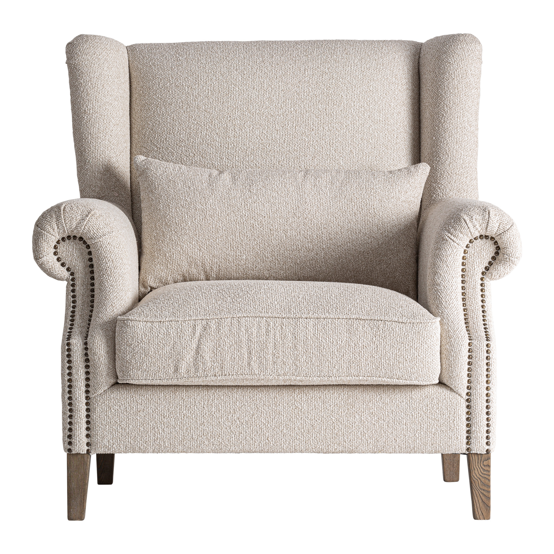 Sillón Leiston de estilo clásico fabricado en madera de fresno en color marrón combinado con poliéster en color crema. Producto desmontable.