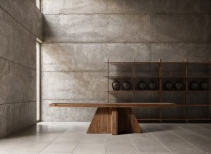 Mesa comedor Brutalist de estilo contemporáneo fabricado en madera de sal en color marrón con acabado teñido.