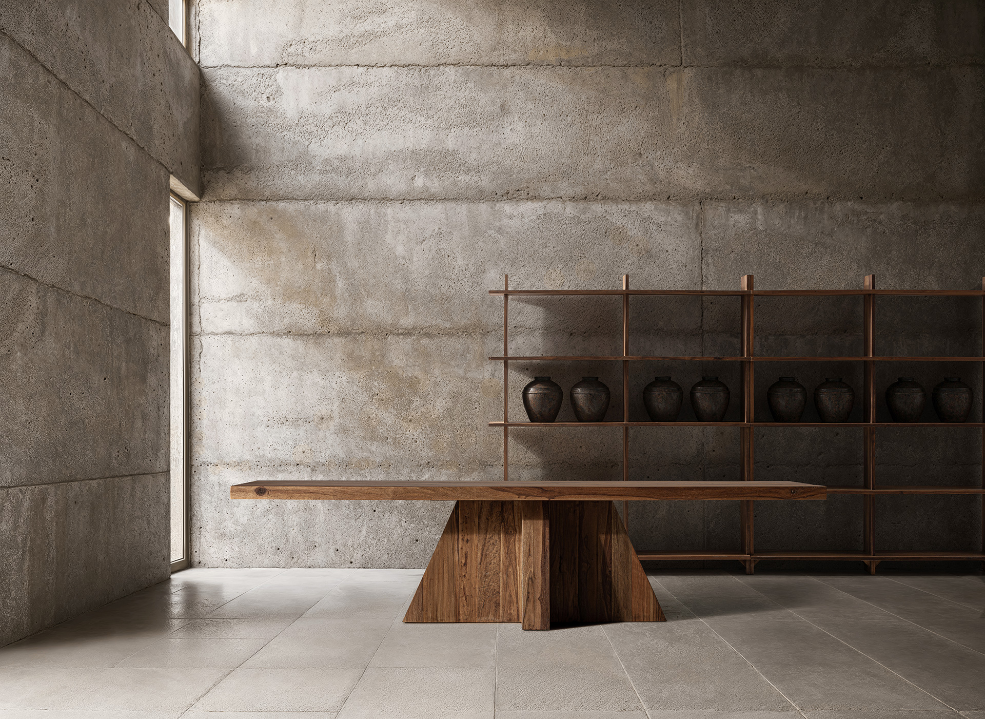 Mesa comedor Brutalist de estilo contemporáneo fabricado en madera de sal en color marrón con acabado teñido.