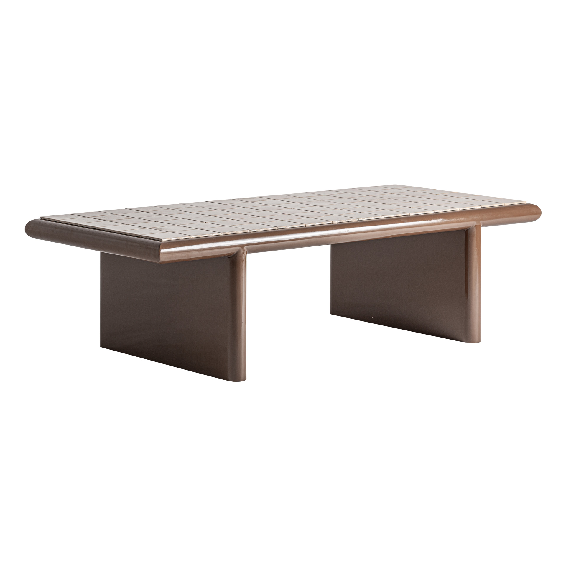 Mesa de centro Kurten de estilo contemporáneo fabricado en madera dm en color marrón combinado con cerámica en color marrón claro.