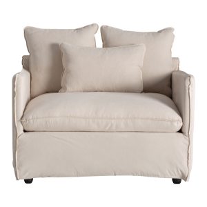 Sillón Pugnac de estilo contemporáneo fabricado en lino en color beige combinado con algodón y madera contrachapada en color negro. Espuma. Producto desenfundable.