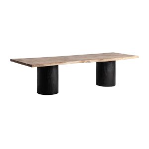 Mesa comedor Knaith de estilo contemporáneo fabricado en madera de acacia en color marrón claro con acabado natural combinado con madera de mango en color negro. Producto desmontable.