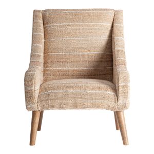 Sillón Chateris de estilo clásico fabricado en yute en color beige combinado con algodón y madera de mango en color marrón.