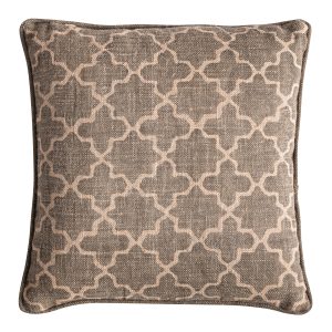 Cojín Narmer de estilo clásico fabricado en yute en color beige combinado con fibra natural en color ocre en color verde.