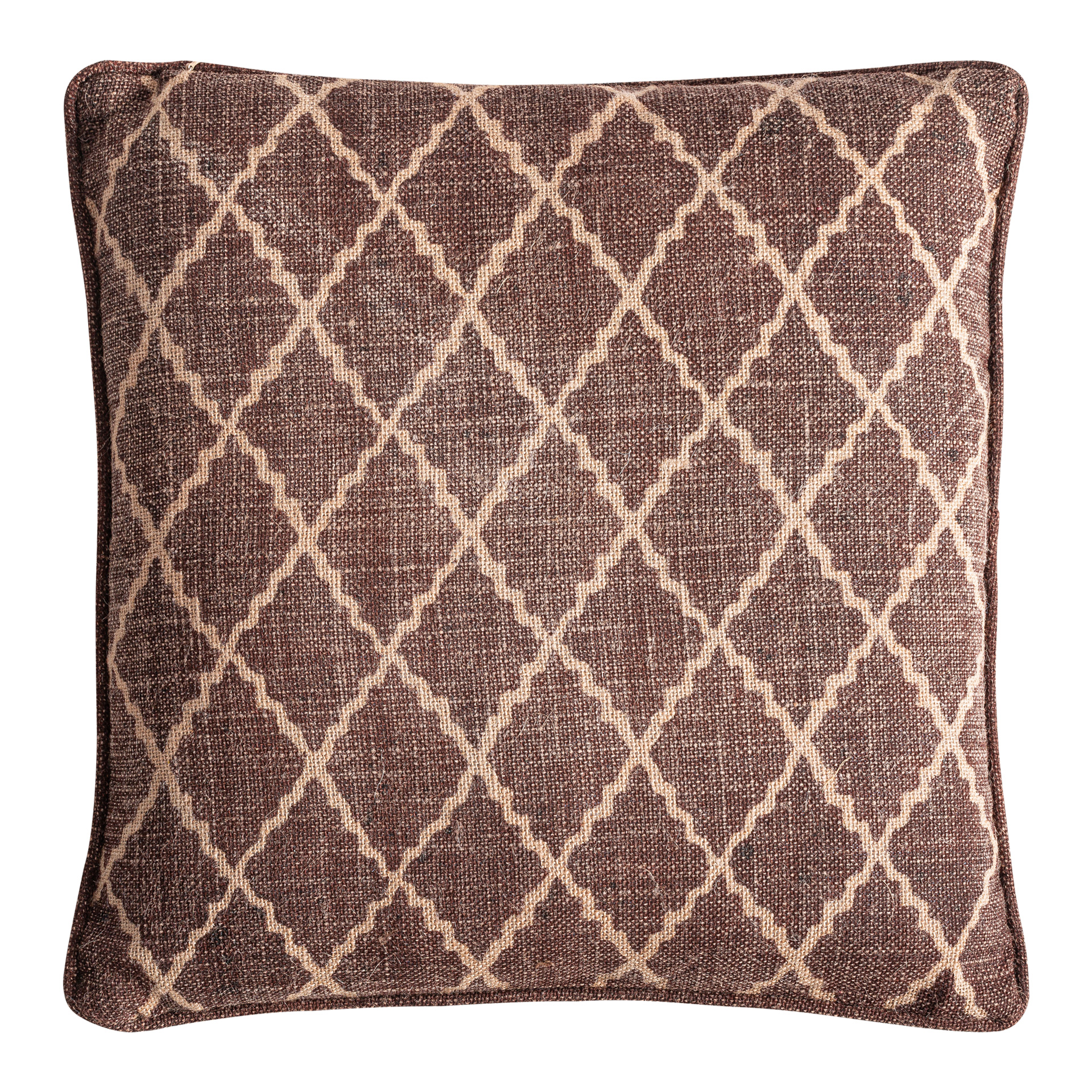 Cojín Nun de estilo clásico fabricado en yute en color beige combinado con fibra natural en color marrón. Producto desenfundable.