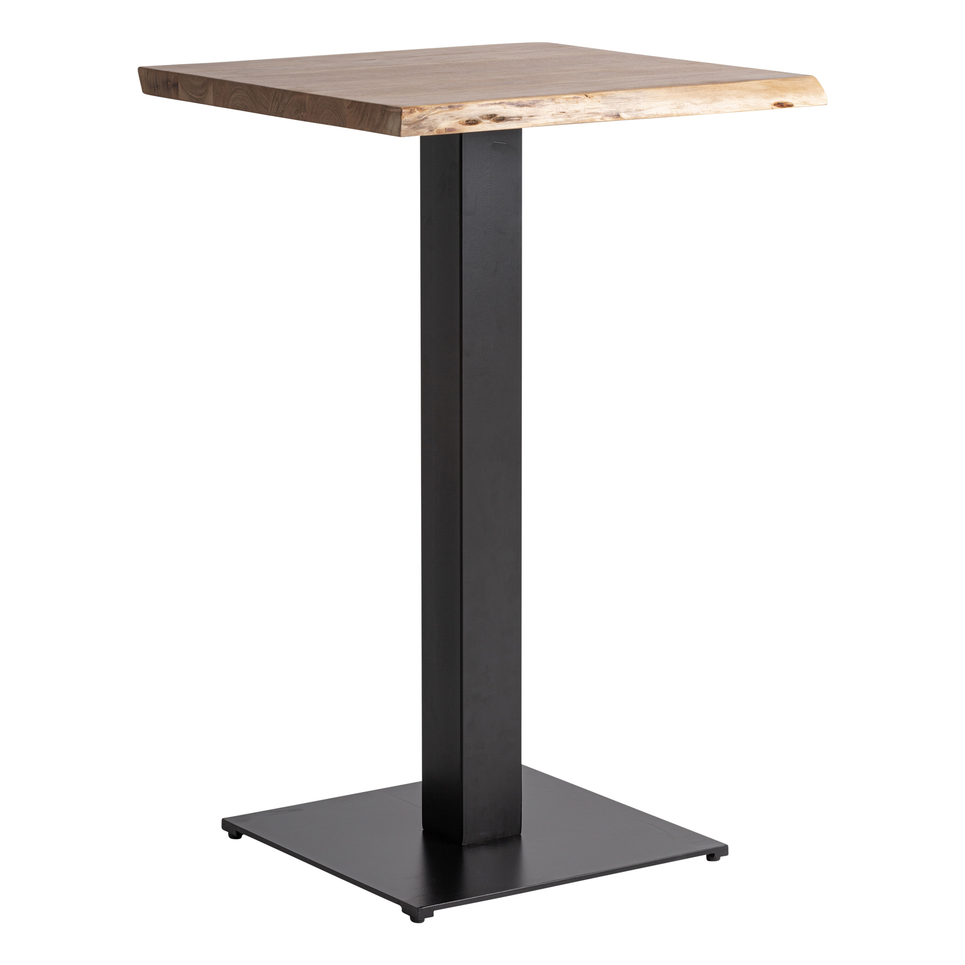 Mesa bar Stow de estilo industrial fabricado en madera de mango en color marrón con acabado natural combinado con hierro en color negro con acabado mate.