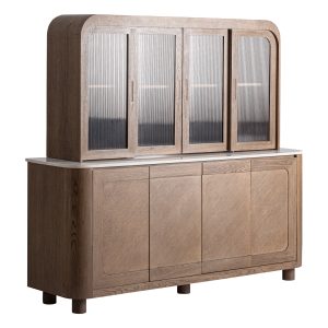 Mueble bar Douzy de estilo colonial fabricado en madera roble en color marrón combinado con mármol en color blanco con acabado veteado y cristal en color transparente. Producto desmontable.