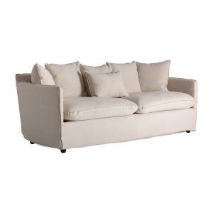 Sofá Bardney de estilo clásico fabricado en lino en color beige combinado con algodón y madera contrachapada en color negro. Espuma.